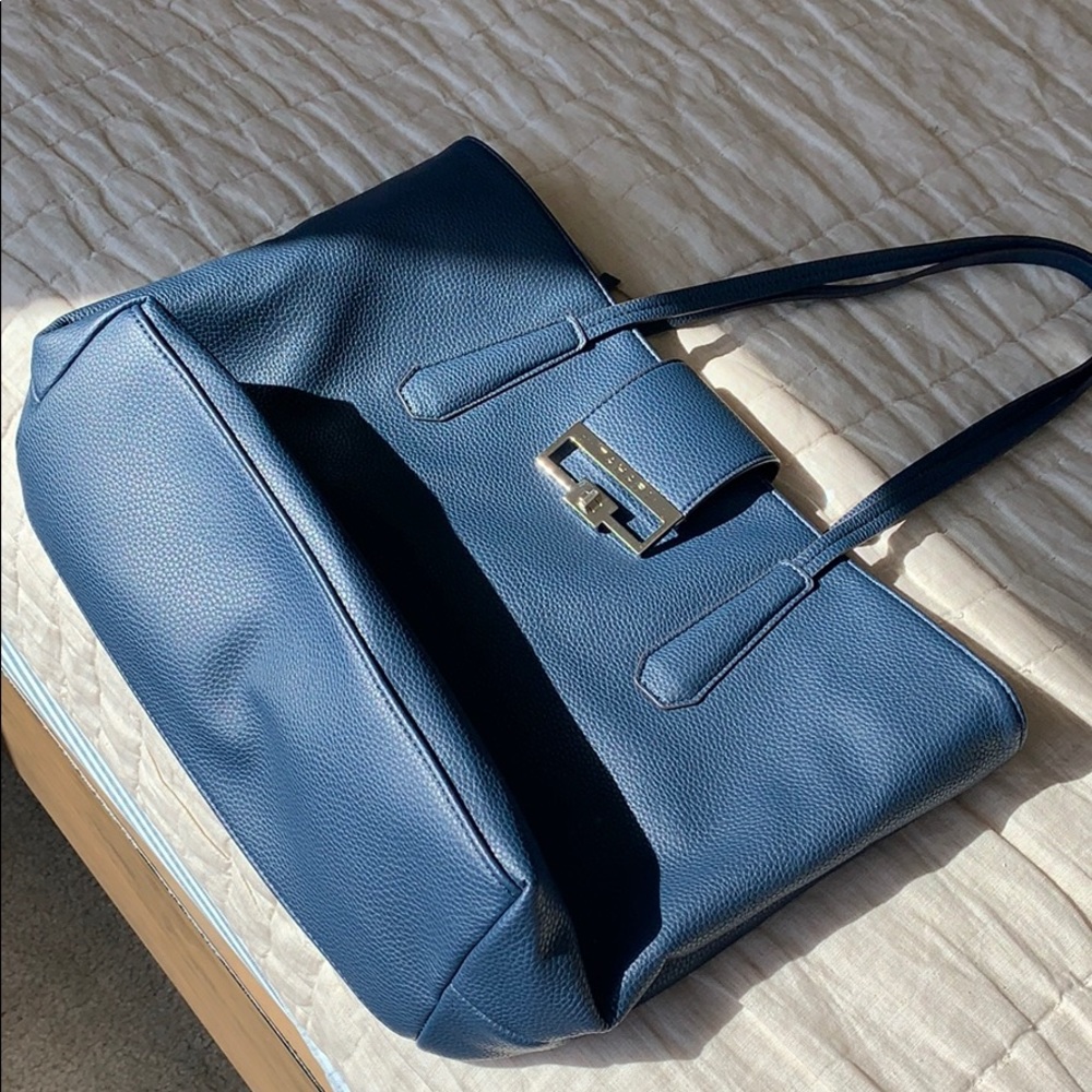 Leather Tote Bag in Navy Blue with Gold Hardware